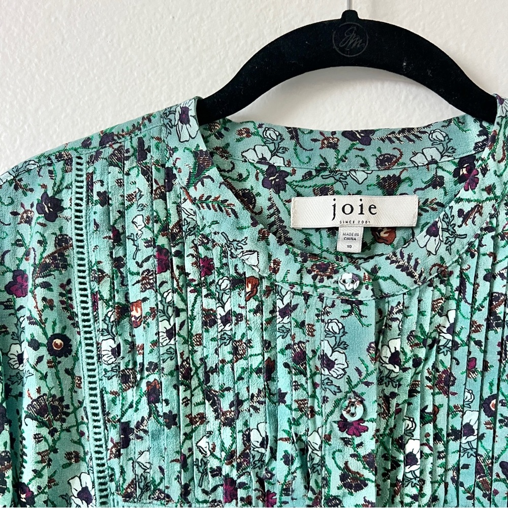 Joie | Charmesse Floral Cotton Mini Dress Teal Long Sleeve Boho - Size 10 - Picture 5 of 8